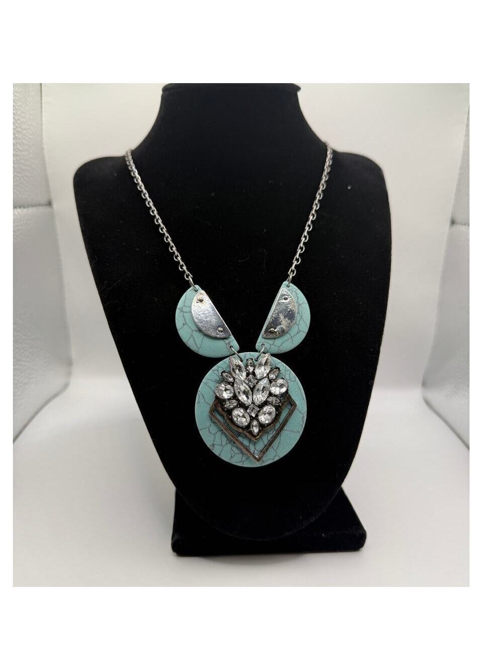 Turquoise Circle Geometric Statement Necklace Silver Chain